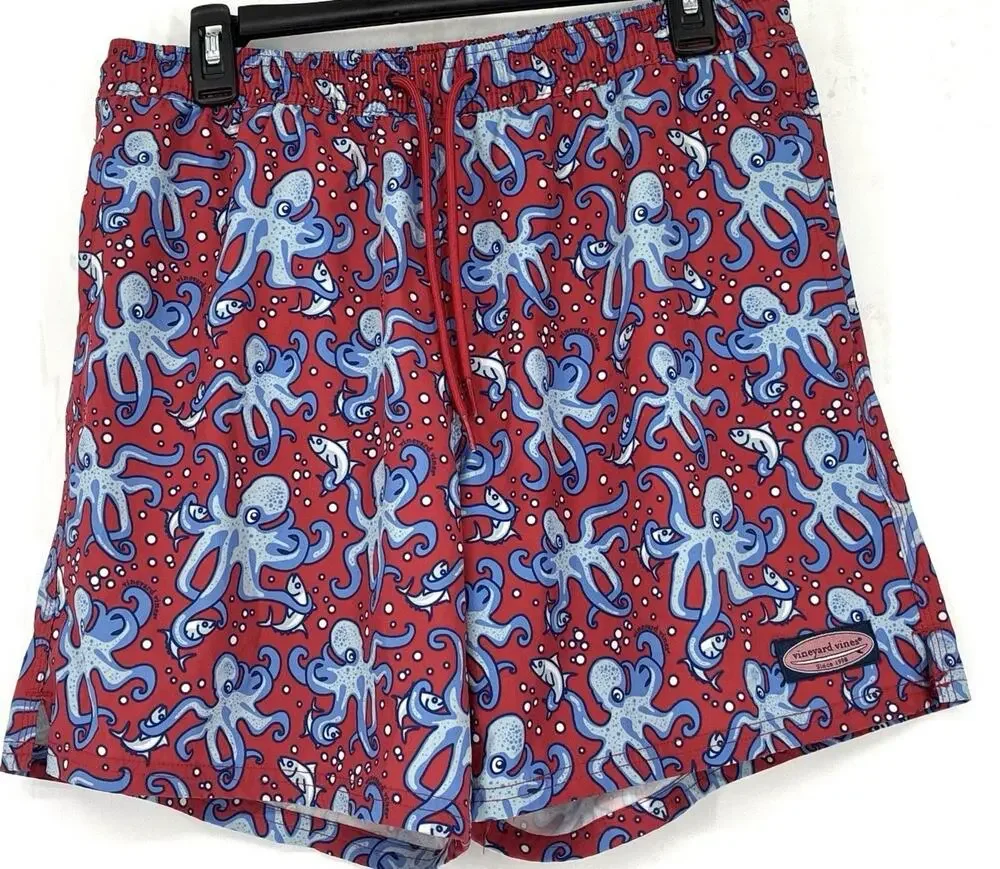 Mens Vineyard Vines Red Blue Squid Logo Elastic Waist Drwstg Pkts inner Liner M